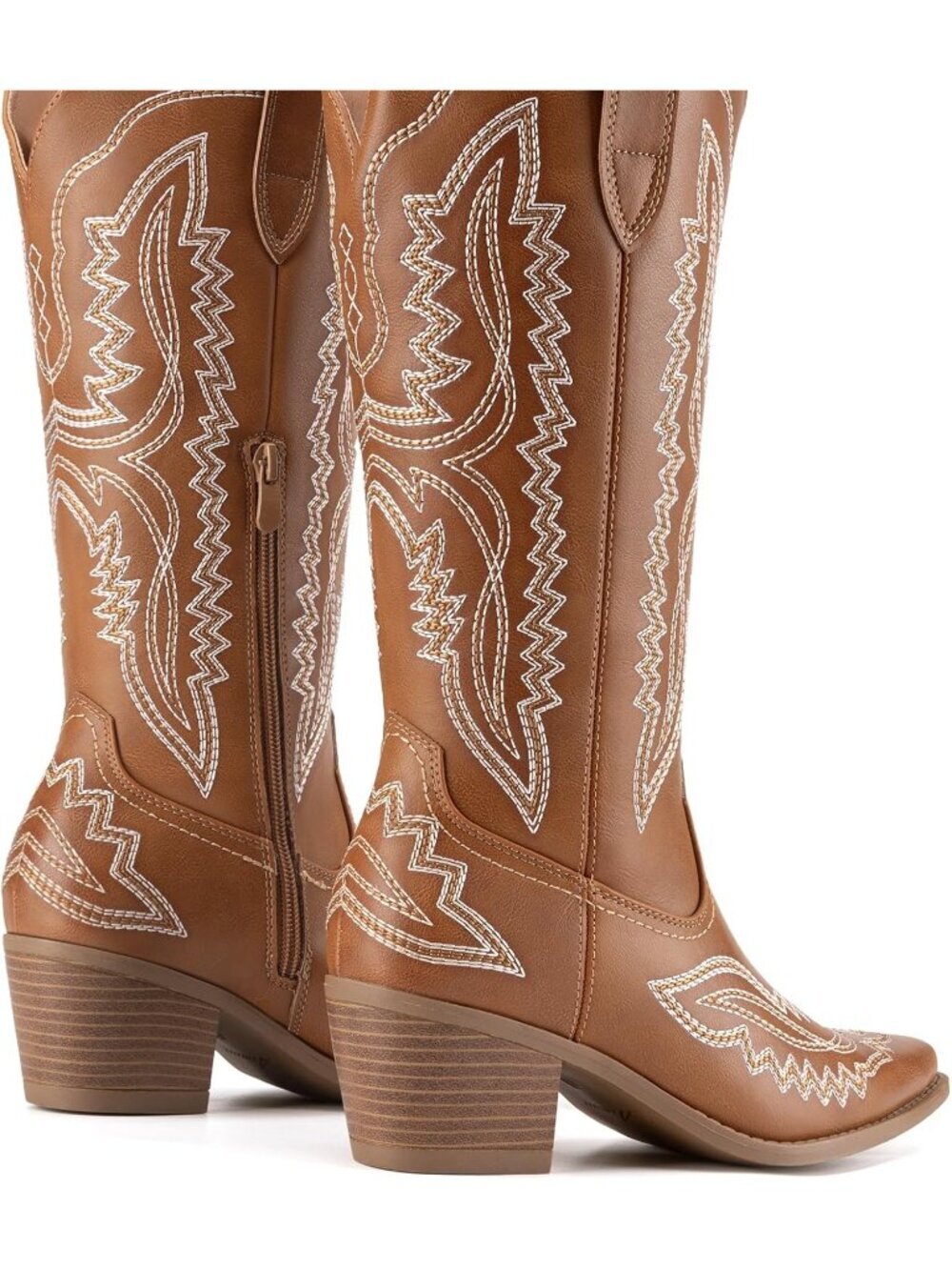 Women's Tan Leather Square Toe Embroidery Western Mid Calf Cowgirl Boots - Picture 6 of 6